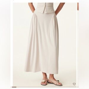 OGL Cream Women Curved Gathering Flared Midi Skirt XL pull on stretchy casual